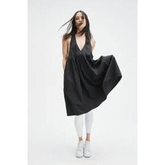 Monday12 Black Cotton Linen V-Neck Razorback Babydoll Summer Dress Small - Picture 1 of 12